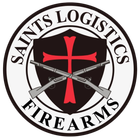 Saints Logistics Firearms logo with crossed rifles and red cross on a shield-shaped emblem