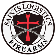 Saints Logistics Firearms logo with crossed rifles and red cross on a shield-shaped emblem
