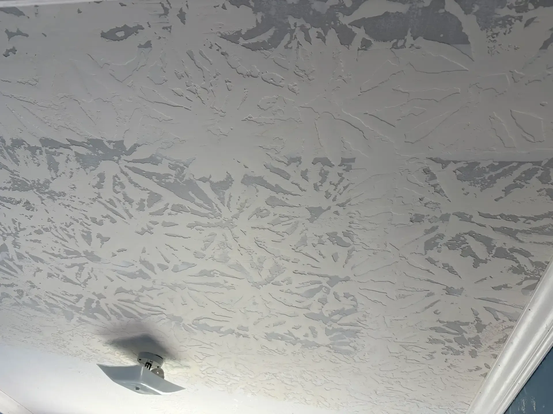 Textured white ceiling with a ceiling light and crown molding in the corner