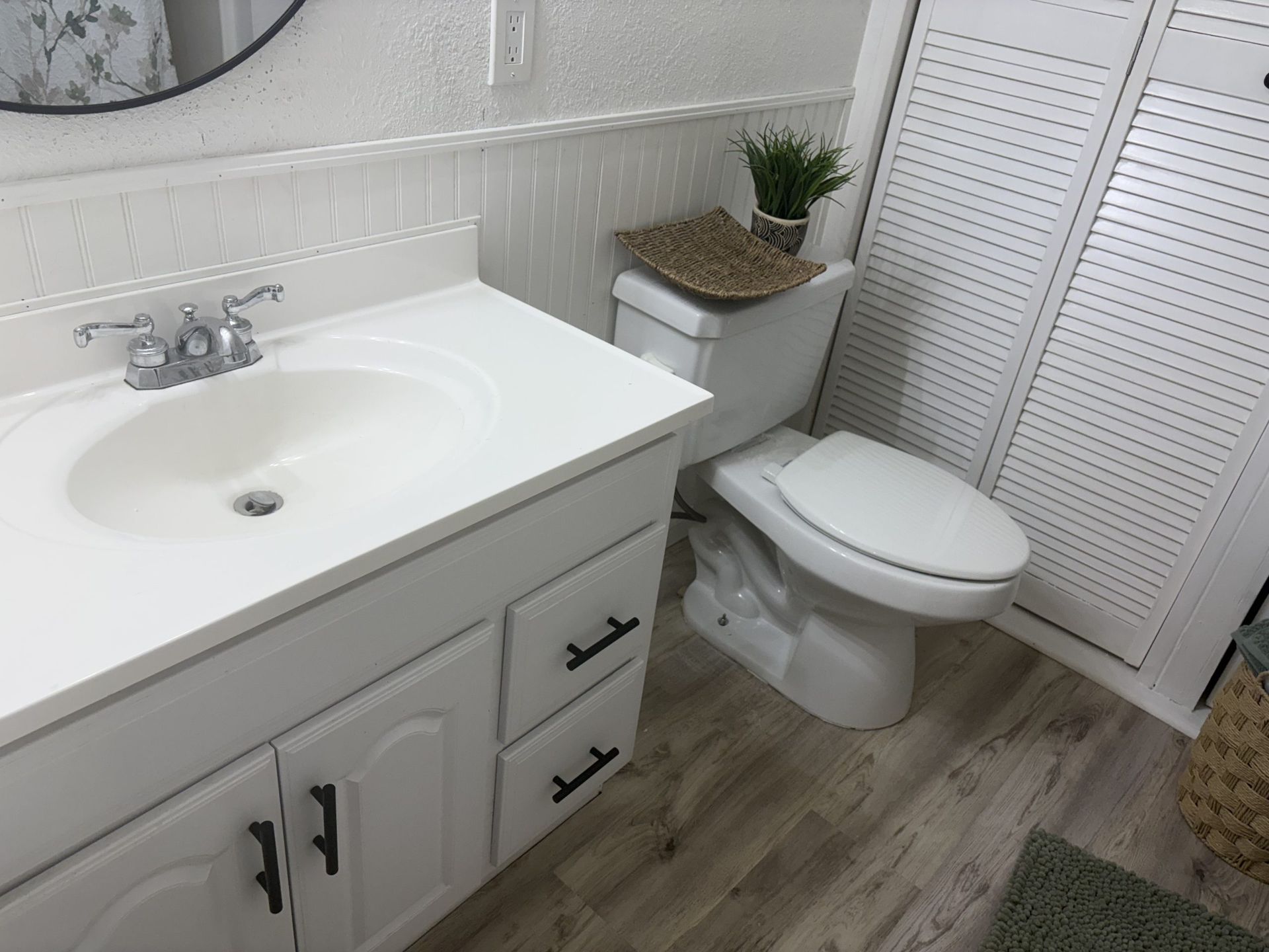 White bathroom with vanity sink, toilet, wood-look floor, and a small shelf with plant and basket.