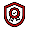 Red and black shield badge with a checkmark ribbon icon