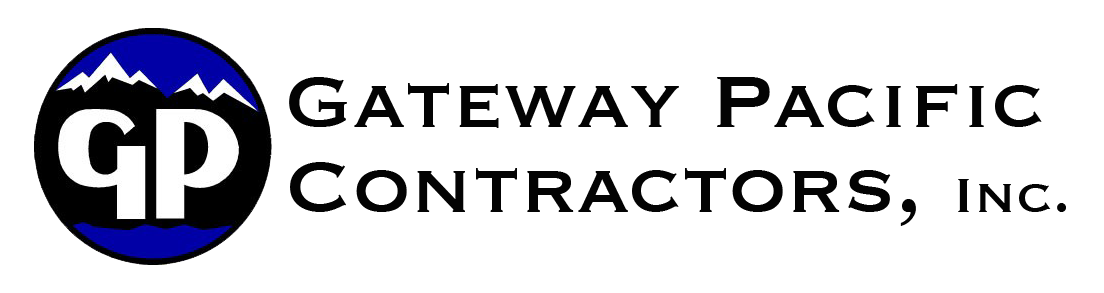Gateway Pacific Contractors, Inc. logo with blue circular GP emblem and black text
