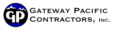 Gateway Pacific Contractors, Inc. logo with blue circular GP emblem and black text