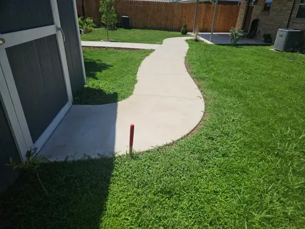 Concrete path curves through a grassy yard, leading toward a wooden fence. Gray shed is on the left.