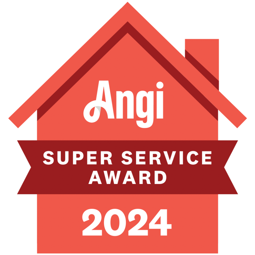Angi Super Service Award 2024 badge: red house shape with