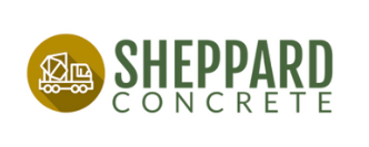 Logo for Sheppard Concrete: text and a gold circle with a concrete mixer truck icon.