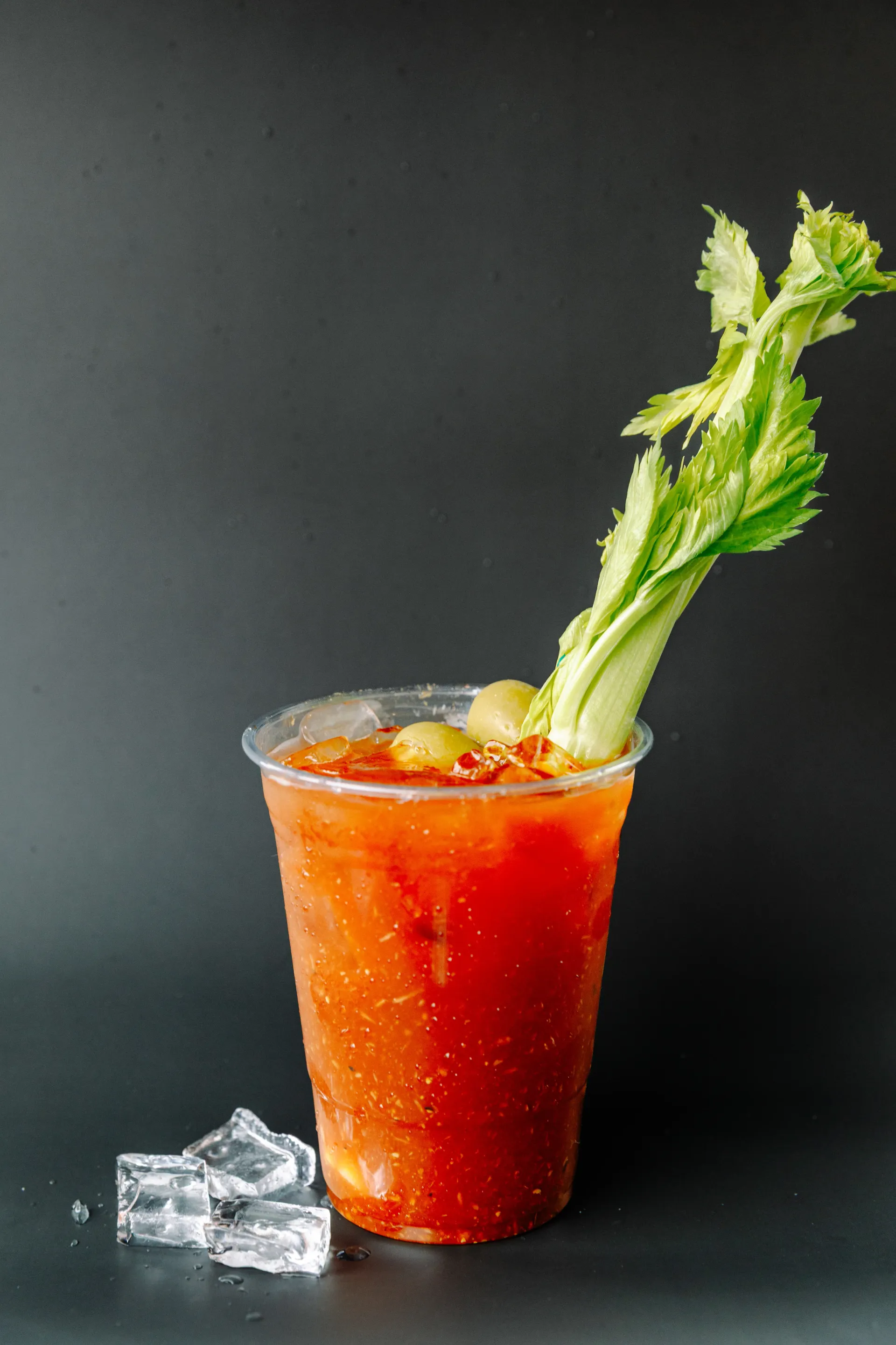Glass of red Bloody Mary with celery stalk and ice, on a dark background
