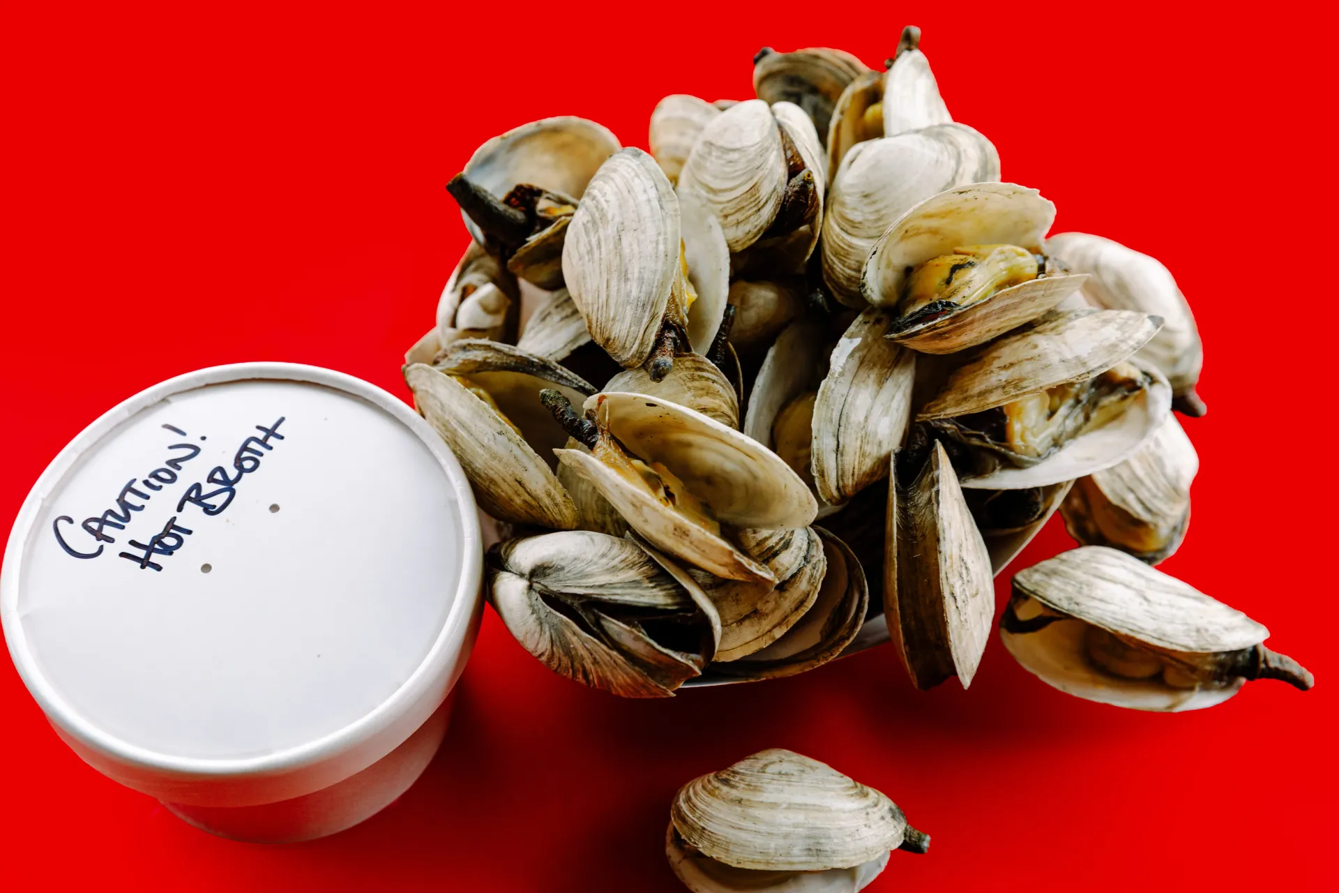 A pile of shelled pistachios beside a small white container on a red background