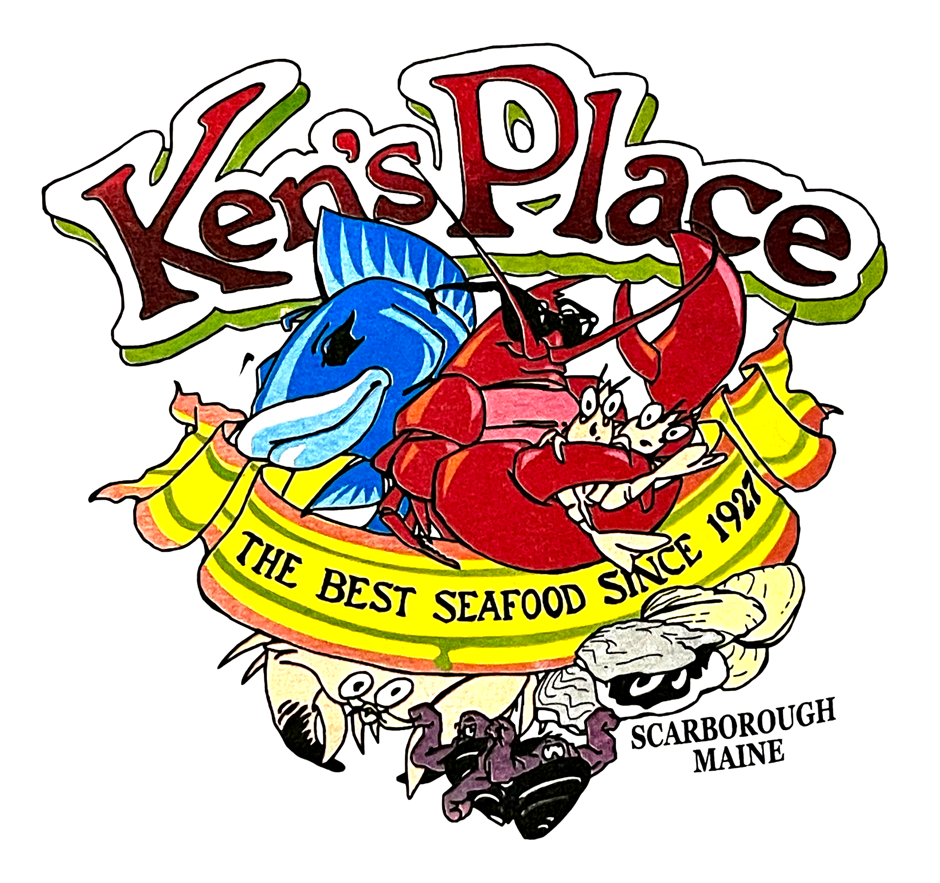 Kens Place seafood logo with blue lobster, red crab, and “The Best Seafood Since 1972” in Scarborough, Maine