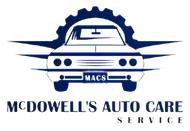Logo for McDowell's Auto Care Service, featuring a blue illustration of a car inside a gear, on a white background.