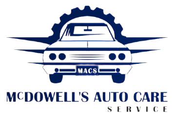 Logo for McDowell's Auto Care Service, featuring a blue illustration of a car inside a gear, on a white background.
