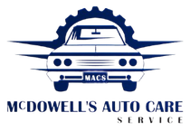 Logo for McDowell's Auto Care Service, featuring a blue illustration of a car inside a gear, on a white background.