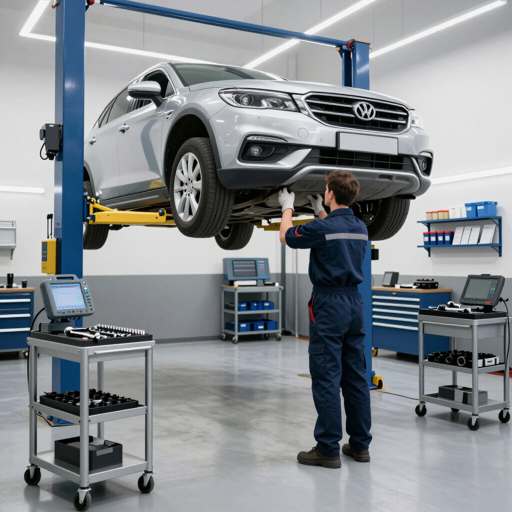 Technician repairing a transmission under a vehicle in a bright, professional shop.