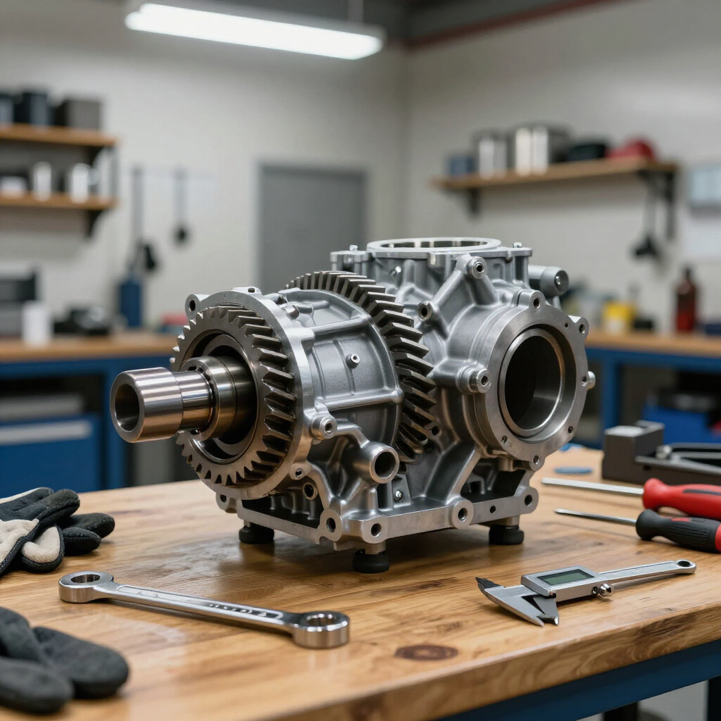 Close-up of transmission components on a workbench during repair.