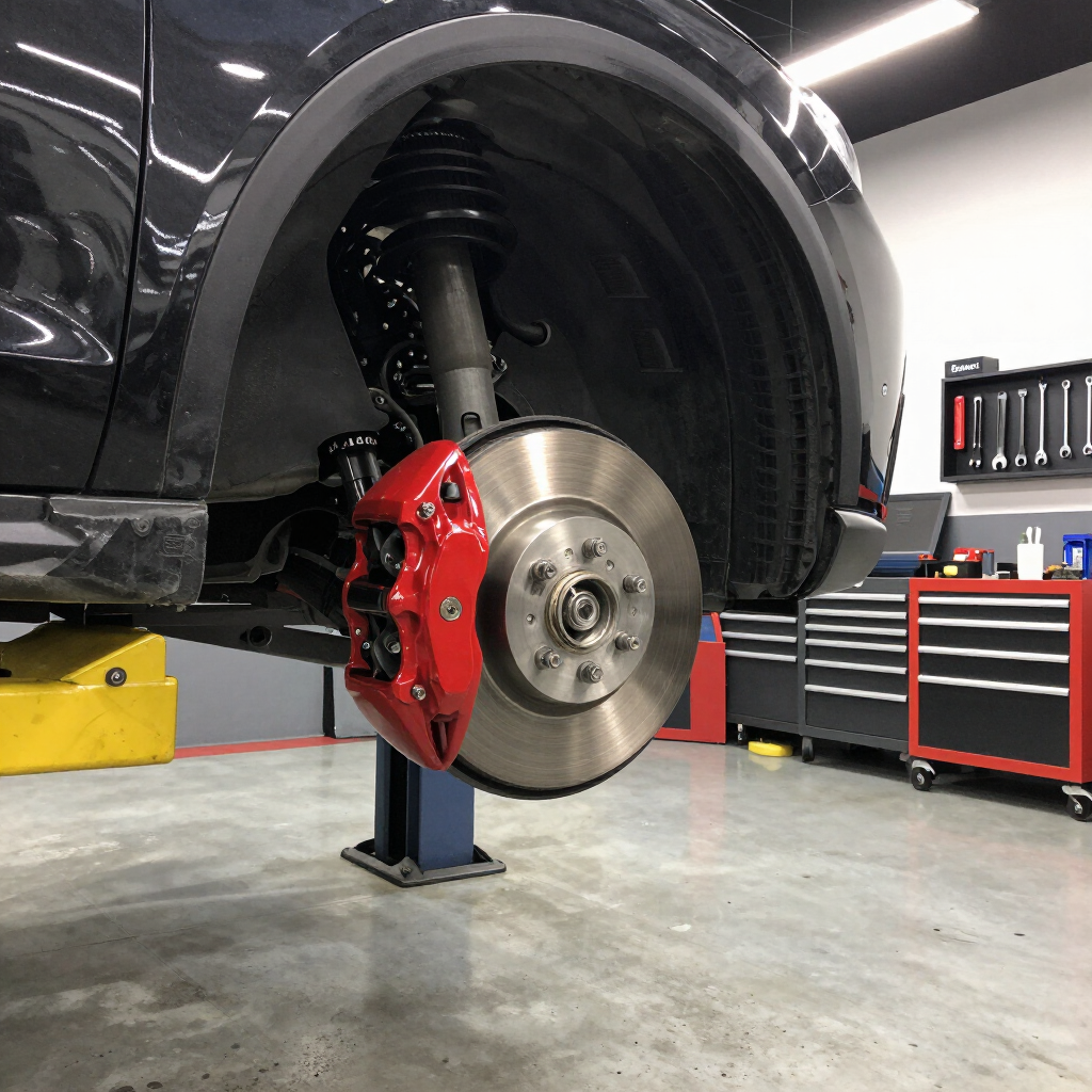 Brake service with exposed rotors and calipers on a lifted vehicle.