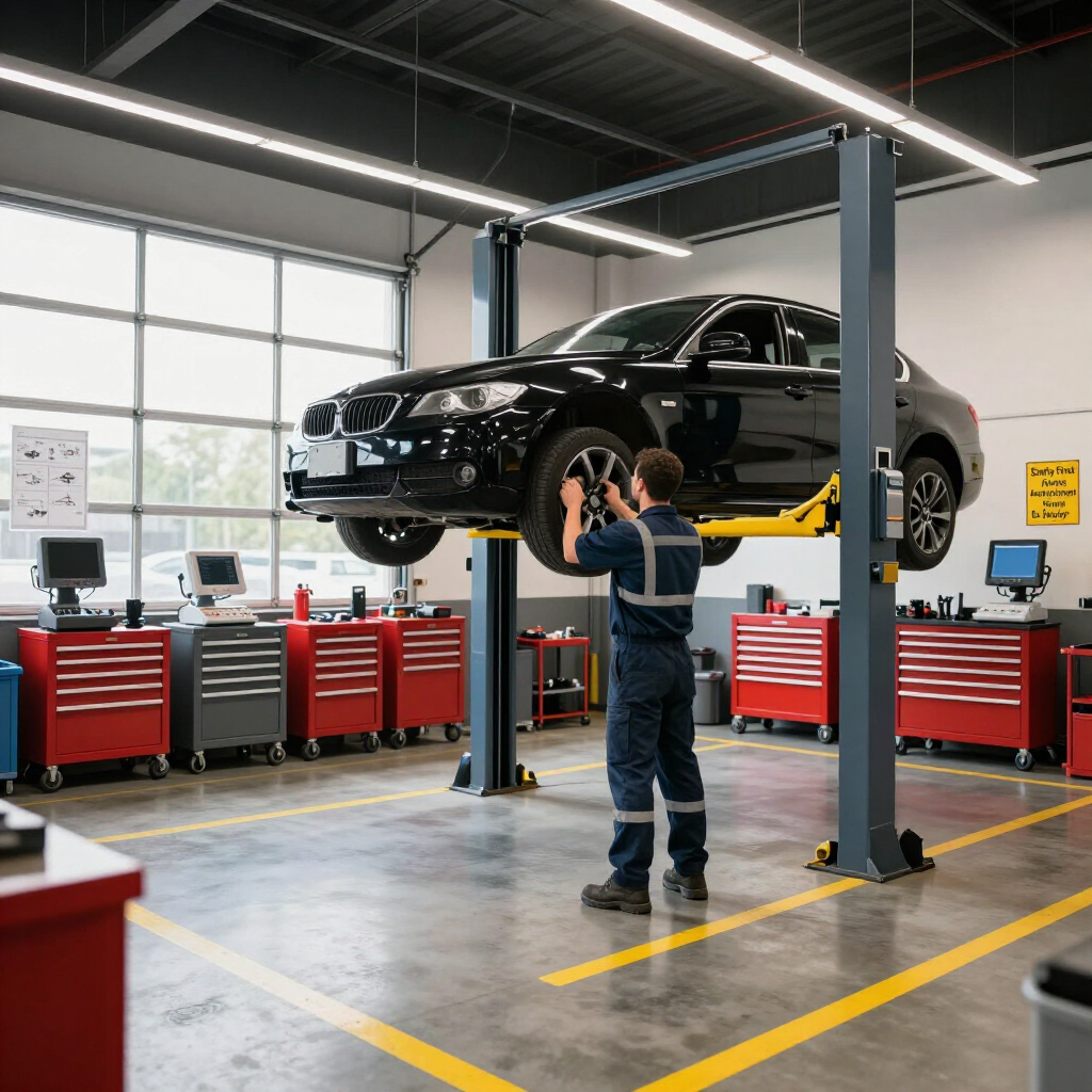 Mechanic inspecting a vehicle inside a clean and organized repair shop.