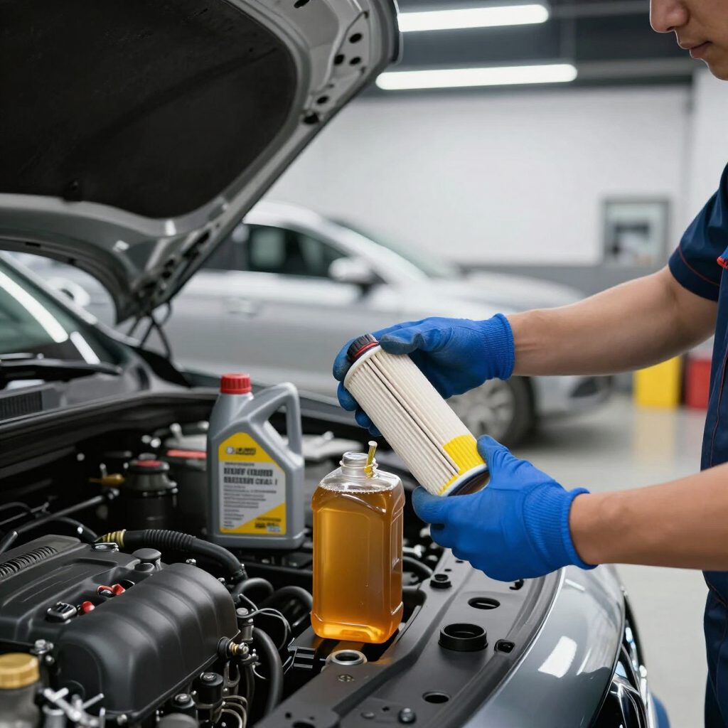 Oil change service materials arranged in a clean garage bay.