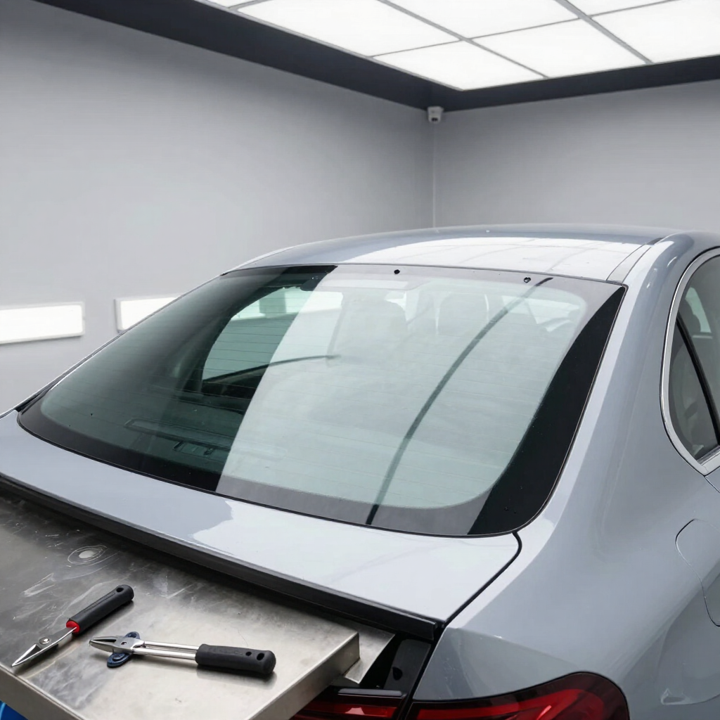 Rear window replacement work in a professional repair bay.