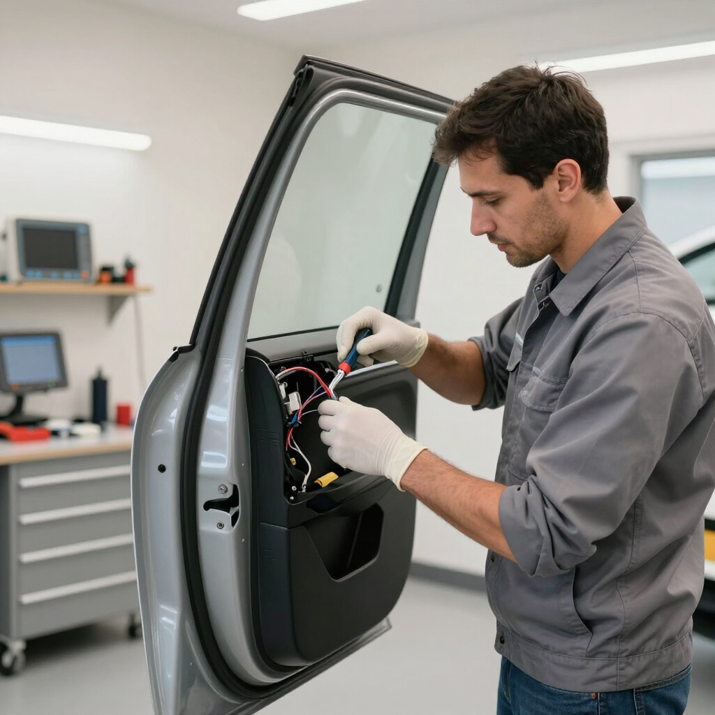 Power window repair with the door panel open and trim tools visible.