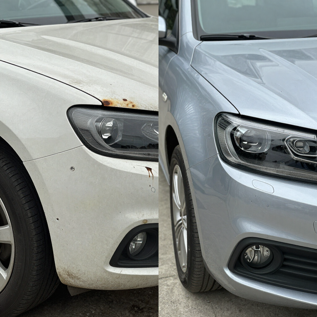 Before-and-after comparison showing restored automotive repair results.