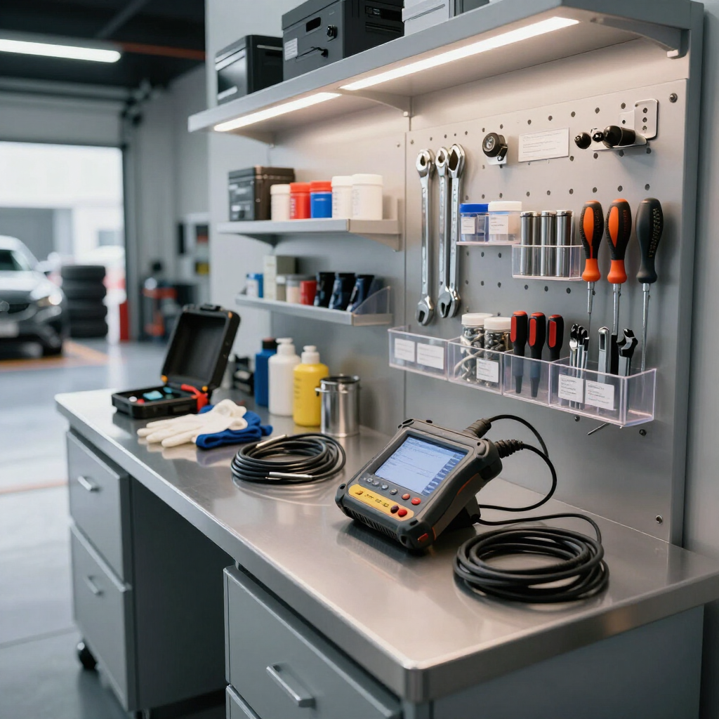 Modern diagnostic equipment organized in an automotive service shop.
