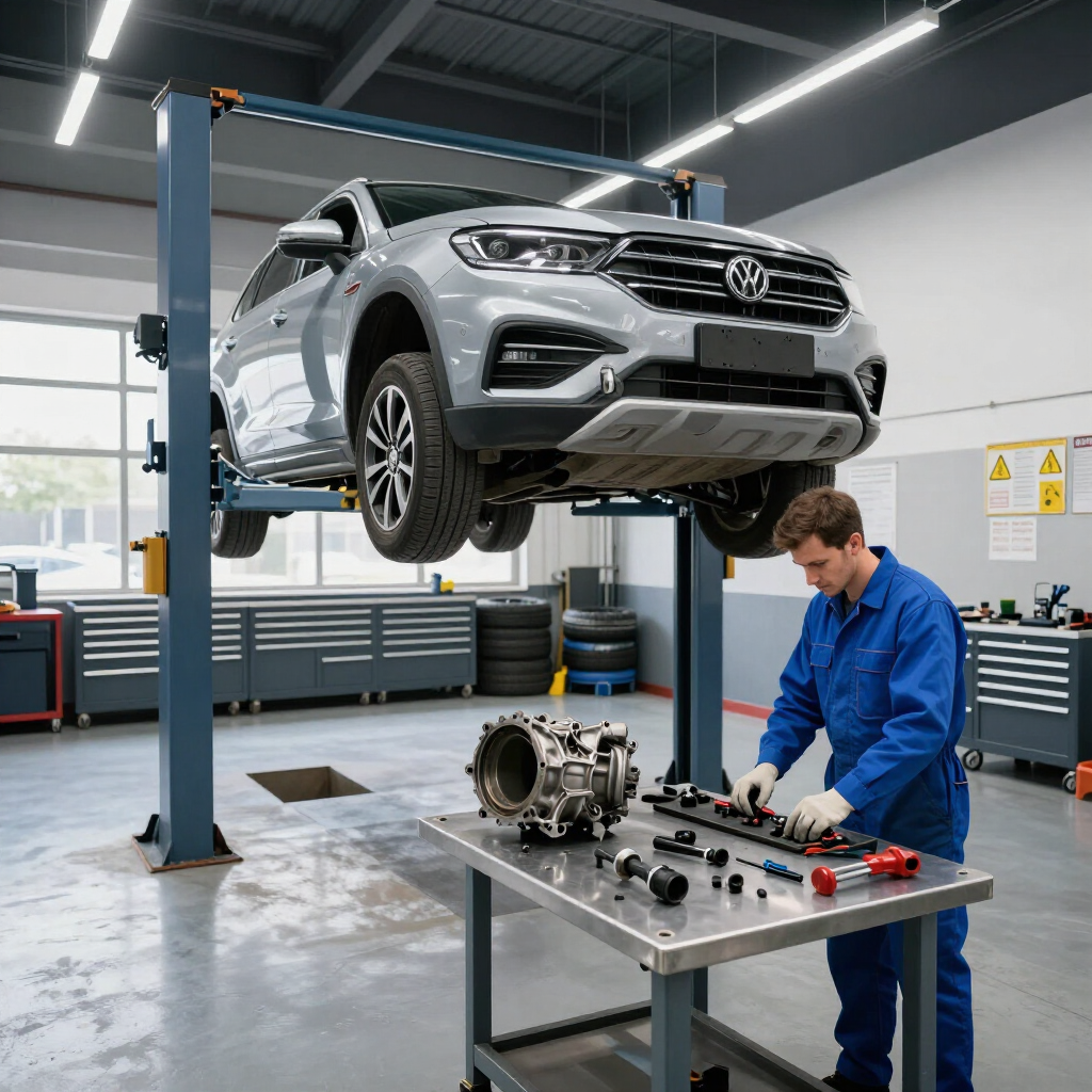 Transmission replacement project with vehicle raised on a lift.