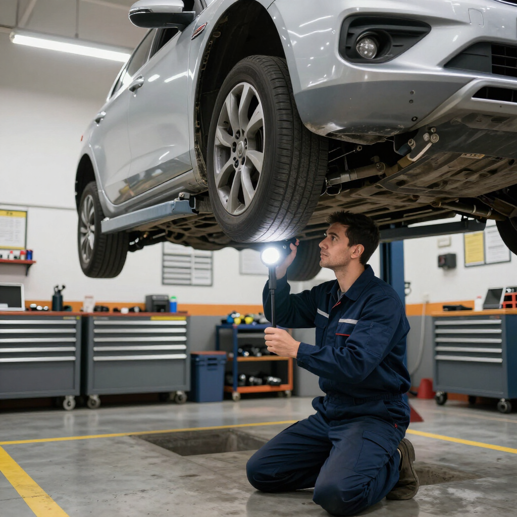 Vehicle inspection focusing on underbody components in the shop.