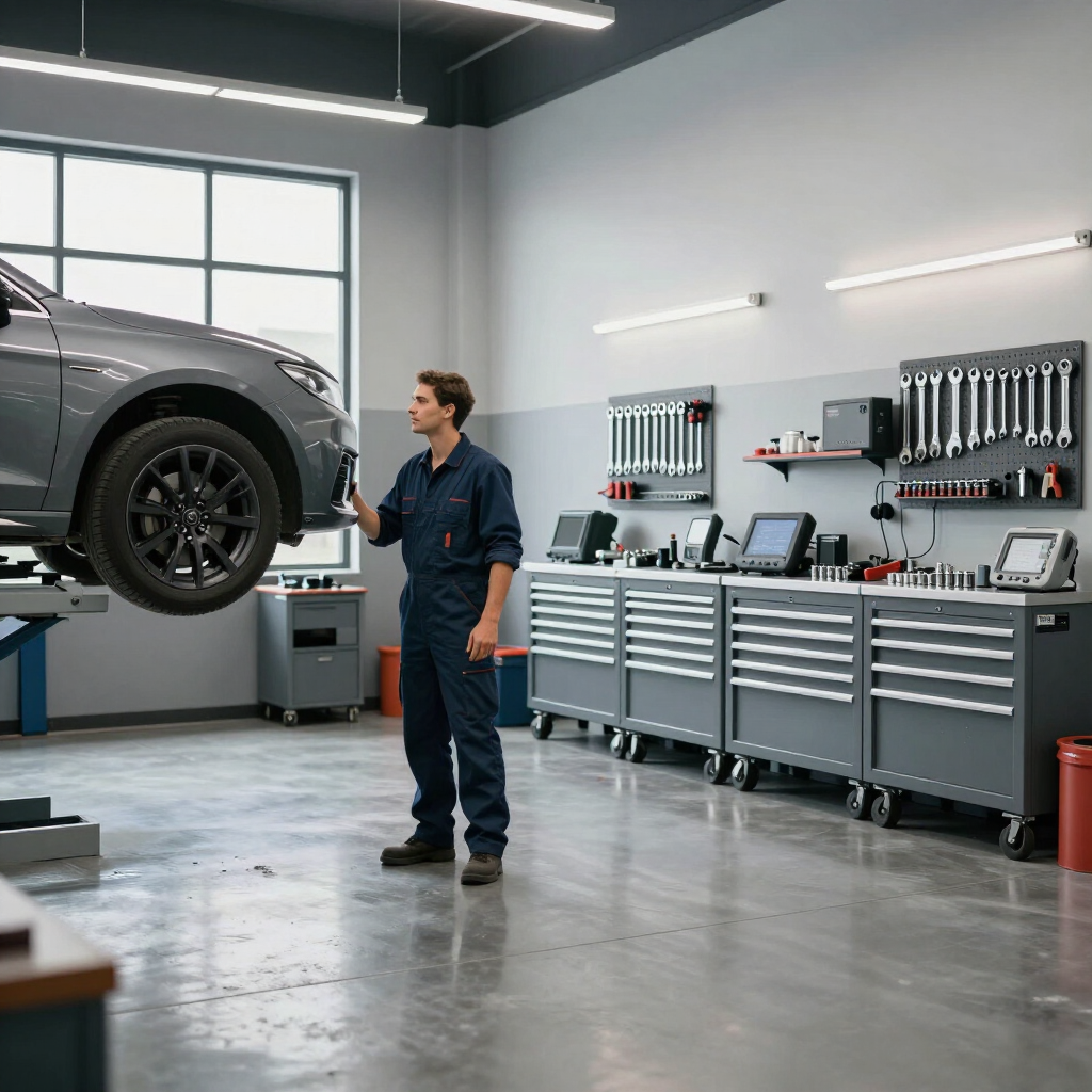 Clean service bay with a mechanic and professional automotive equipment.