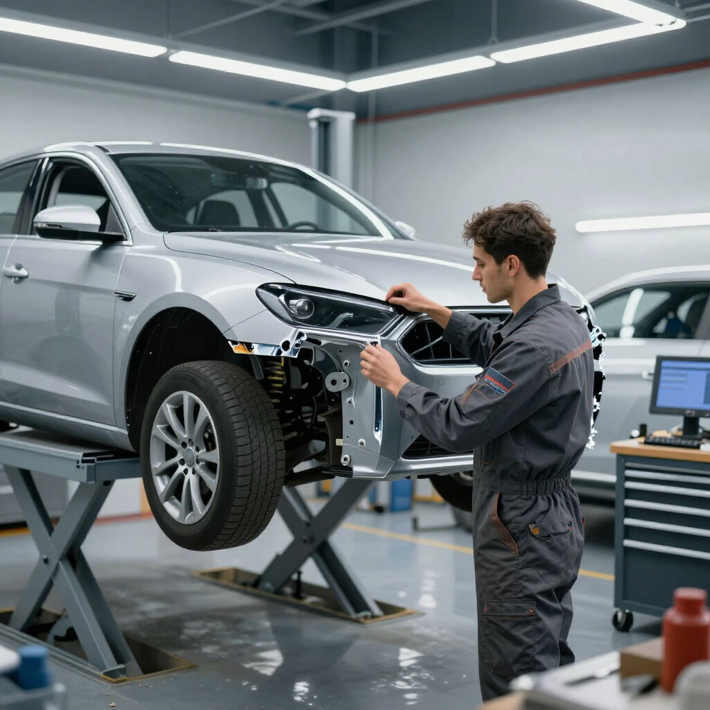 Auto body and trim repair work on a vehicle in the shop.