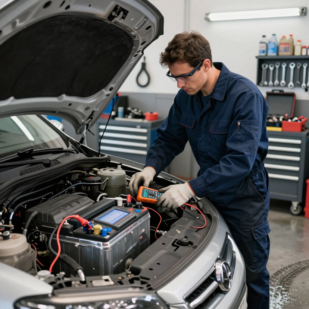 Battery replacement service with diagnostic testing in the shop.