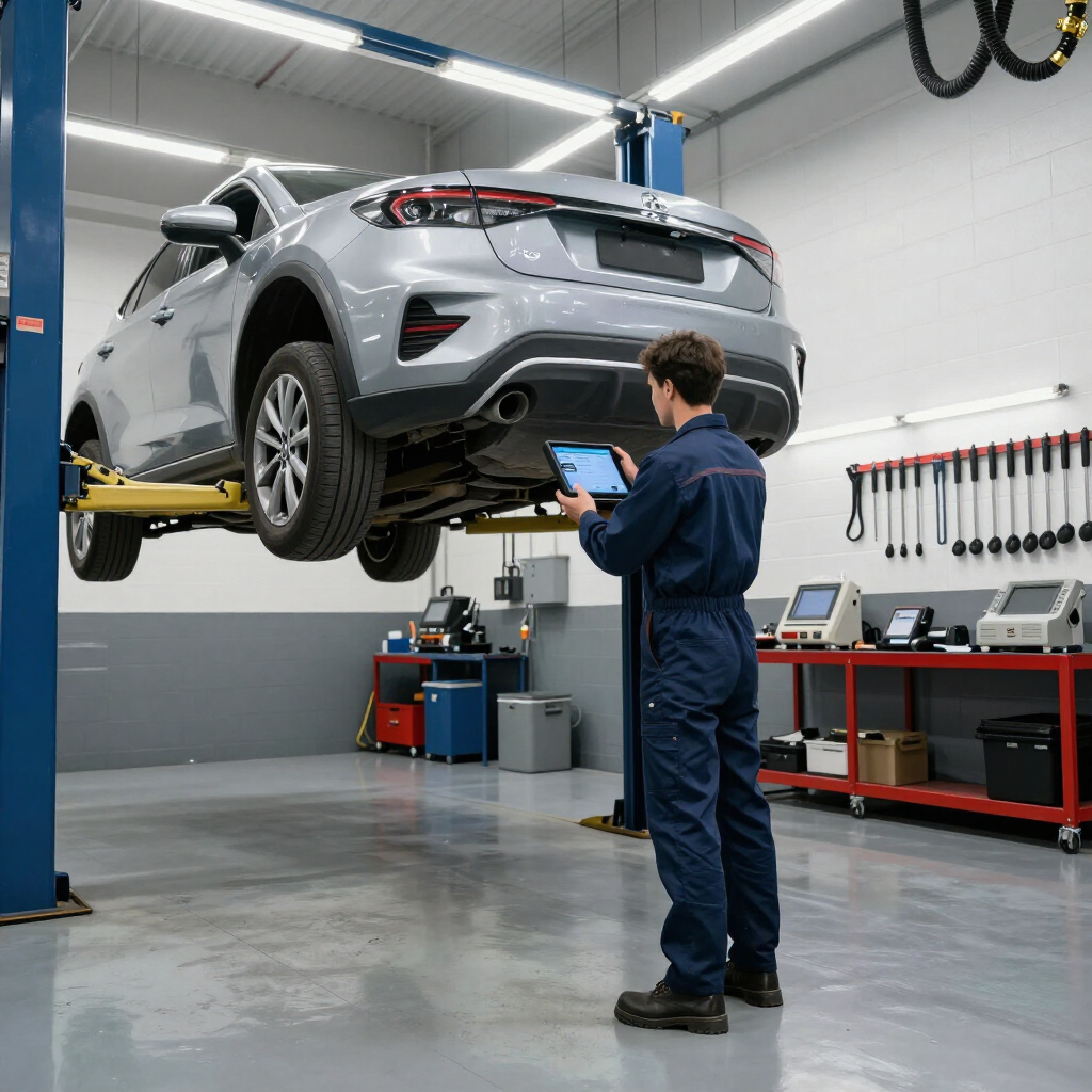 Technician diagnosing a vehicle on a lift in a clean auto repair bay.