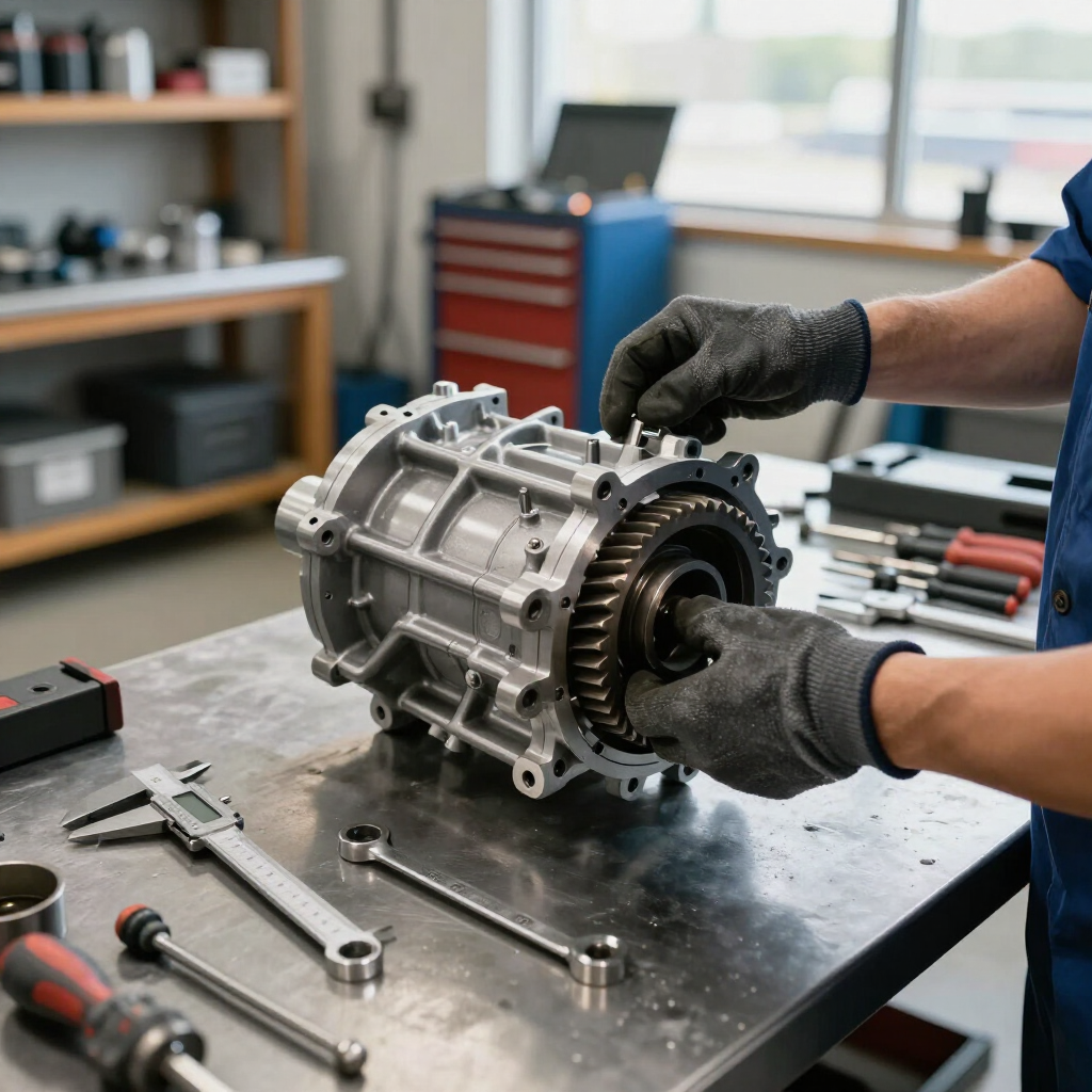 Transmission assembly on a workbench with precision tools.