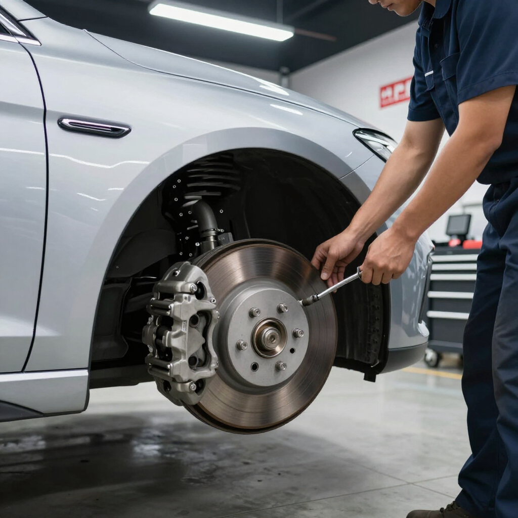 Mechanic inspecting brakes on a sedan in a professional garage.
