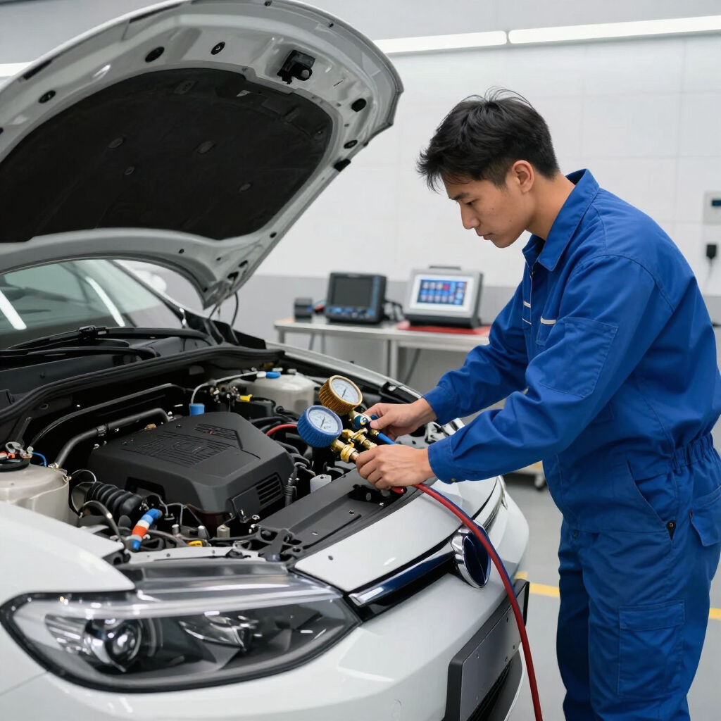 Technician checking automotive air conditioning system pressures.
