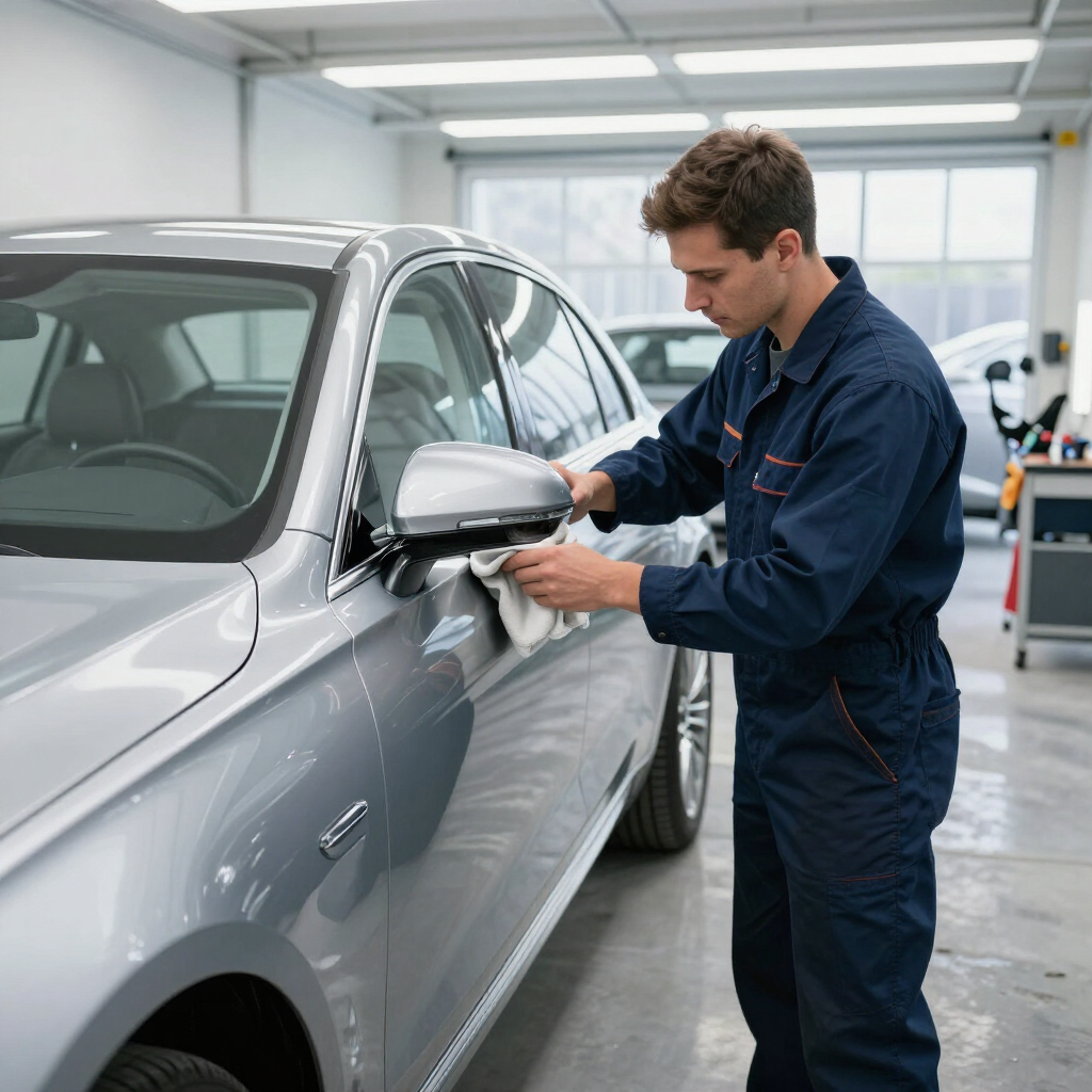 Technician aligning trim and polishing a vehicle exterior.