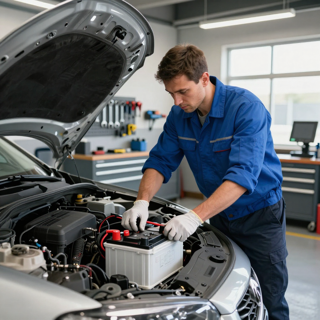 Mechanic installing a new car battery in a modern repair shop.