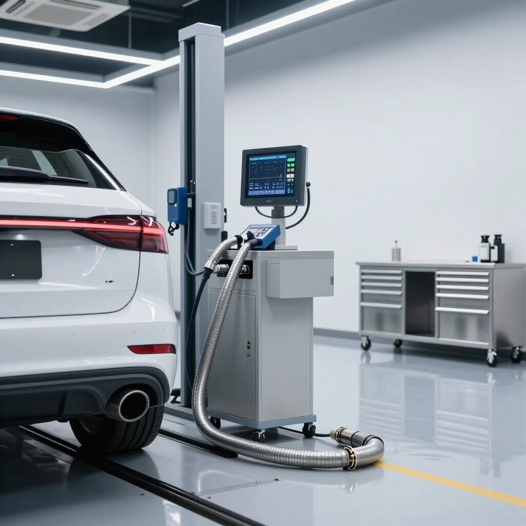 Vehicle emissions test with diagnostic equipment connected in a clean service bay.