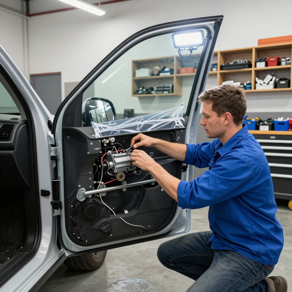 Technician repairing a power window regulator inside a vehicle door.