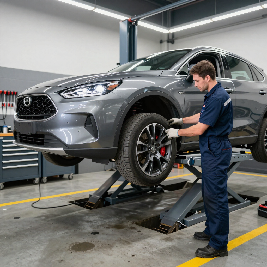 Mechanic performing a vehicle inspection in a professional garage.