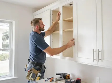 Custom cabinetry being installed in a dream home kitchen, built by our kitchen cabinet makers