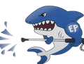 Blue shark with angry expression, spraying water with a pressure washer; 