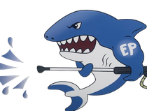 Blue shark with angry expression, spraying water with a pressure washer; 