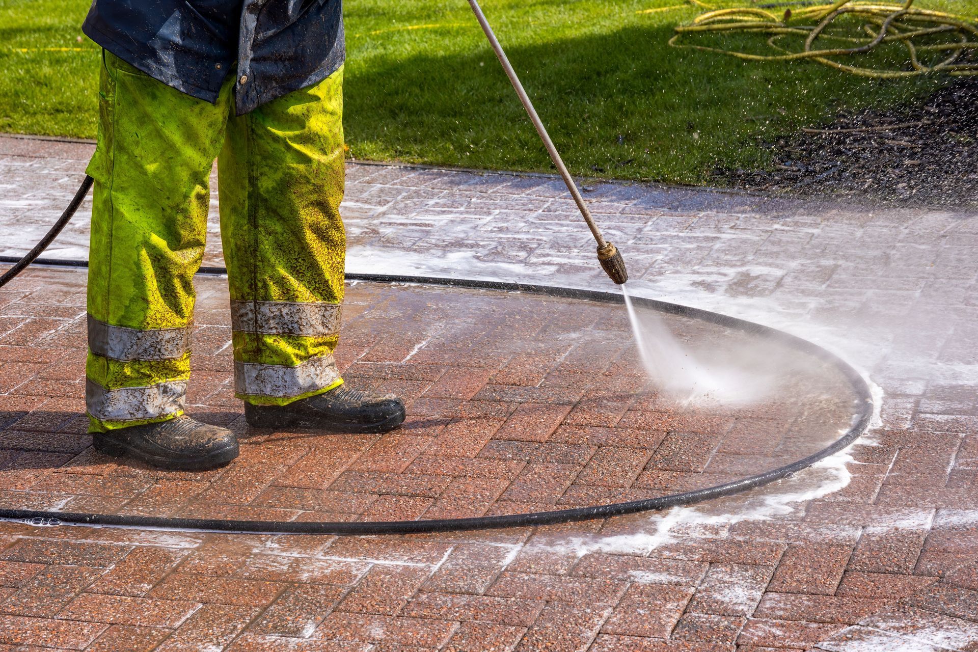Person in high-visibility pants power washing a brick patio; water sprays outwards.