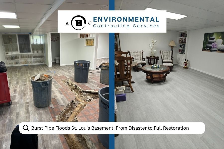 Split-screen shows a flooded basement before and fully restored after a burst pipe.