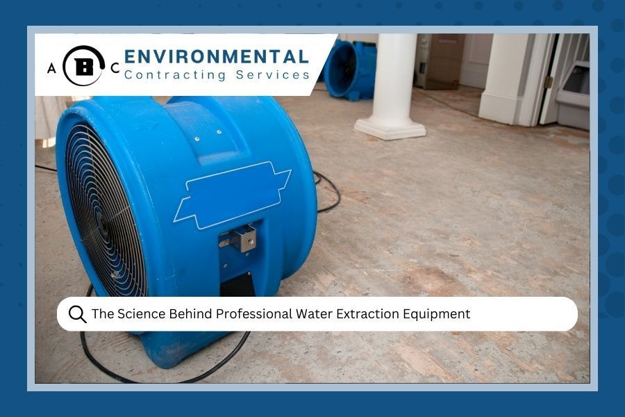 Blue water extraction fan on a floor with a white column in the background; text