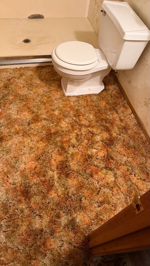 Water-damaged carpet near bathroom floor showing visible saturation
