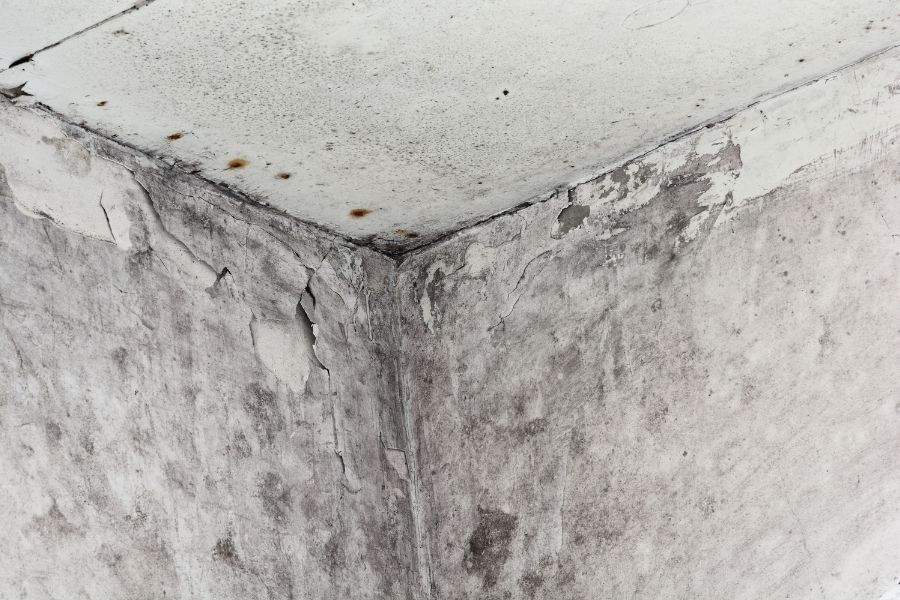 Mold growth in ceiling corner from water damage