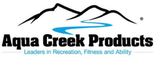 Logo for Aqua Creek Products: black mountains, blue creek, bold text,