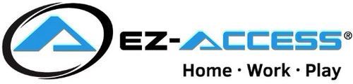 EZ-ACCESS logo with a blue abstract shape inside a black oval, and the words