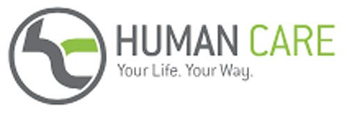 Human Care logo: Gray circle with gray and green design and text